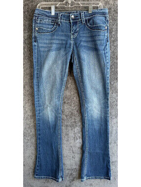 Seven7 Rocker Slim Jeans Womens 6 Blue Denim Thick Stitch Contrast Rhinestone